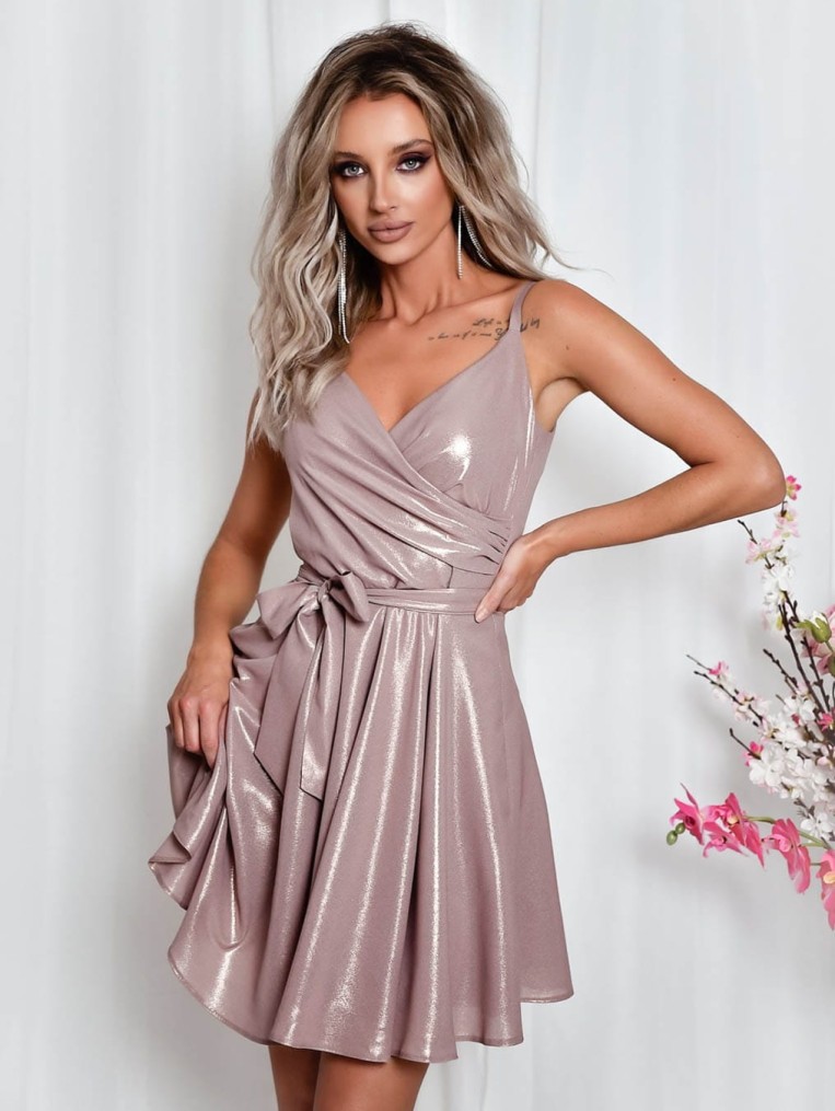 Sukienka Beżowa W Błysku Złota Mini Na Ramiączkach Rozkloszowana Elegancka Polska Produkcja Lou3