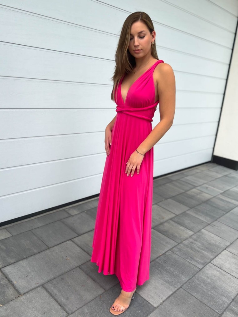 Elegant Długa Różowa Sukienka Wiązana Na Kilka Sposobów 