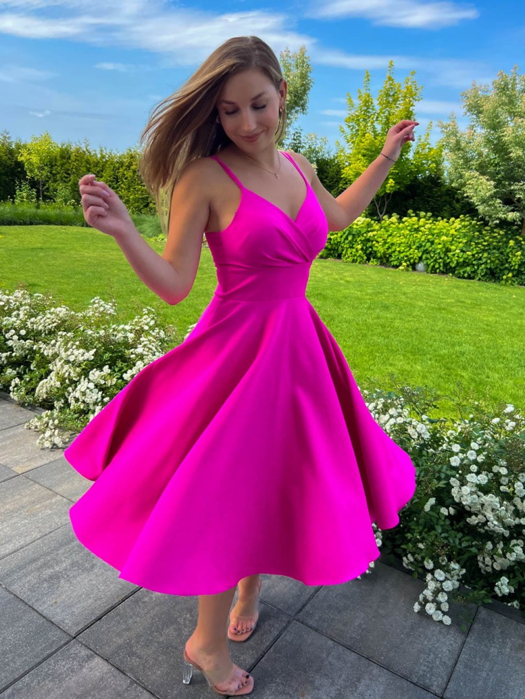 Tifani  Fuksjowa Różowa Rozkloszowana Sukienka Midi