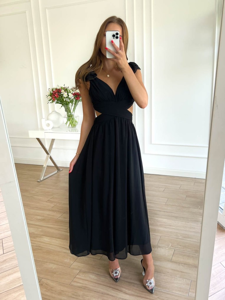 Amber Sukienka Czarna Elegancka Na Wesele Maxi Z Rozcięciem I Falbanami