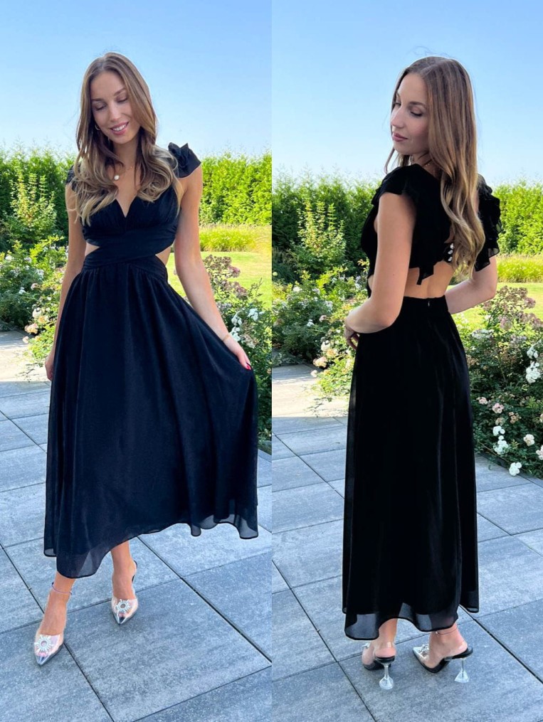 Amber sukienka czarna elegancka na wesele maxi z rozcięciem i falbanami