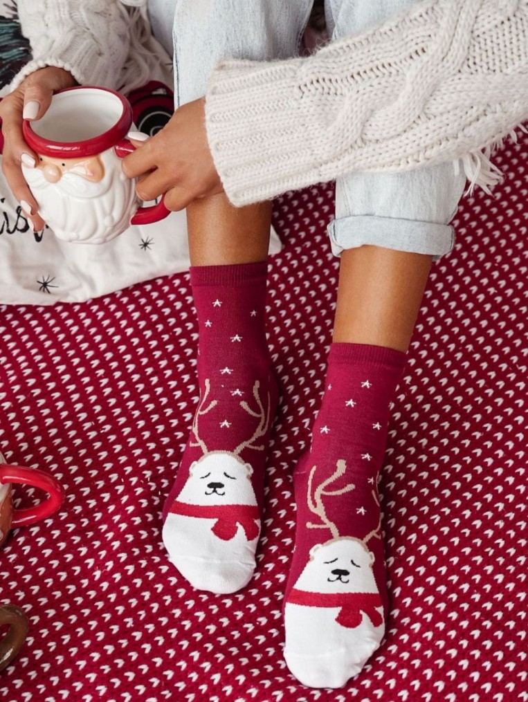 Skarpetki Damskie Bordowe Śpiący Miś