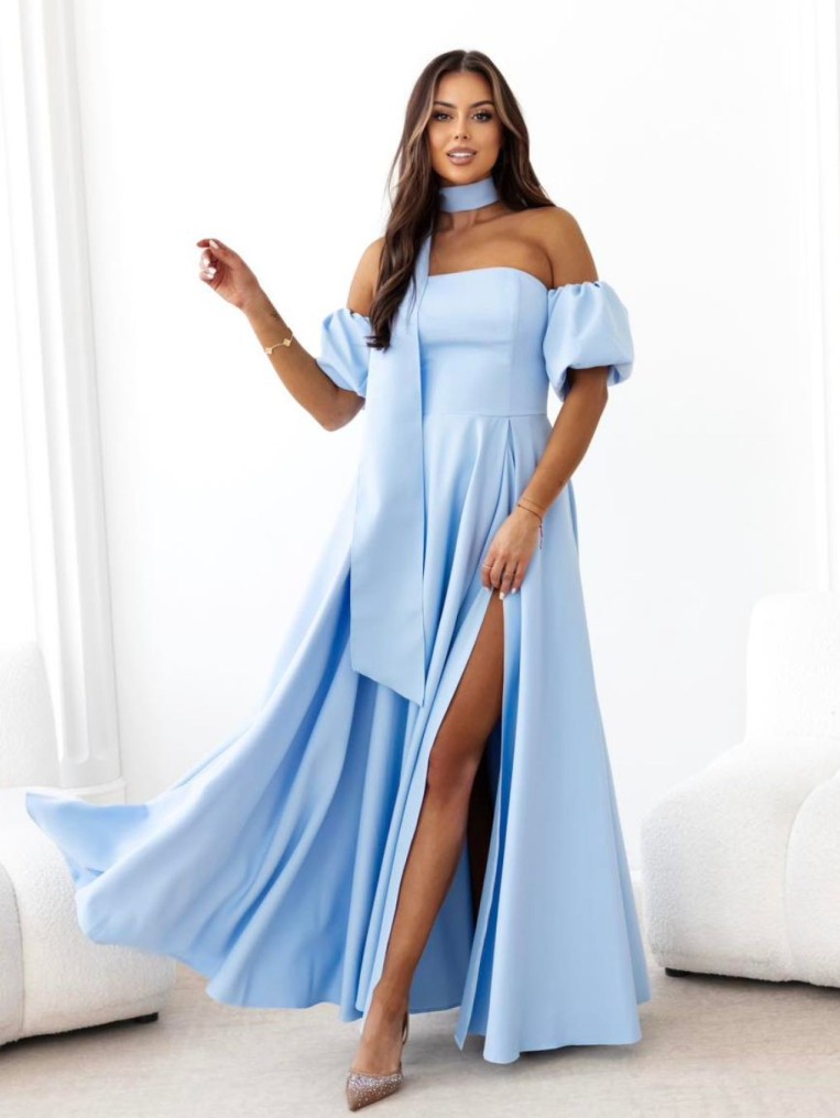 Kiara Błękitna Rozkloszowana Sukienka Maxi Z Szalem I Bufkami