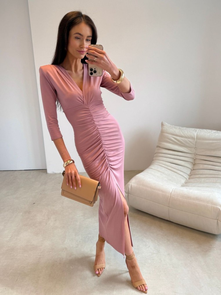 Classy2 Marszczona Sukienka Midi W Kolorze Pudrowym Polska Produkcja