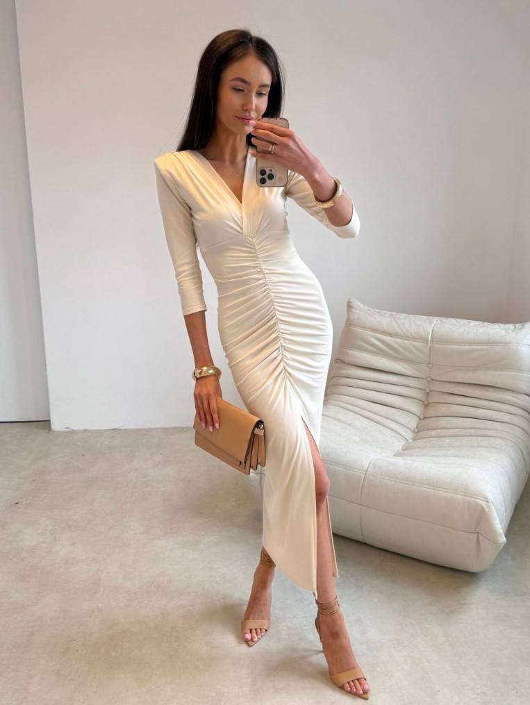 Classy2 Marszczona Sukienka Midi W Kolorze Waniliowym