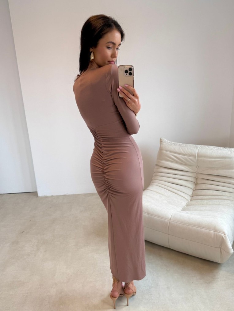 Classy2 Marszczona Sukienka Midi W Kolorze Cappuccino Polska Produkcja