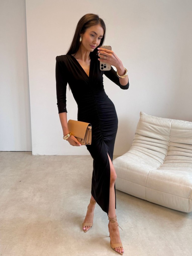 Classy2 czarna marszczona sukienka midi polska produkcja