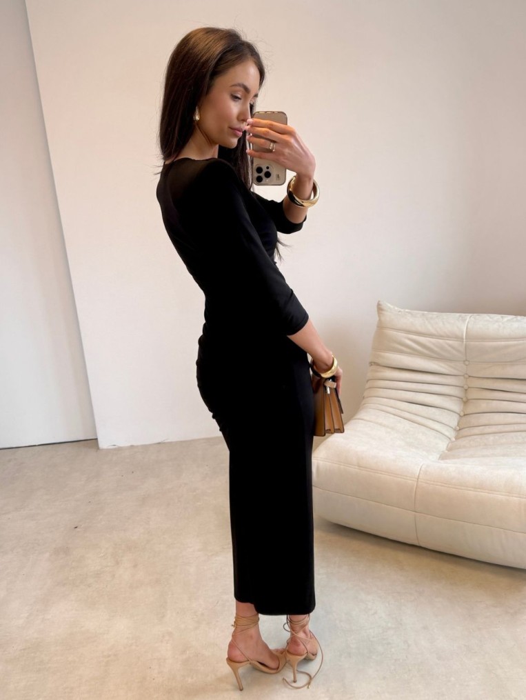 Classy2 Czarna Marszczona Sukienka Midi Polska Produkcja