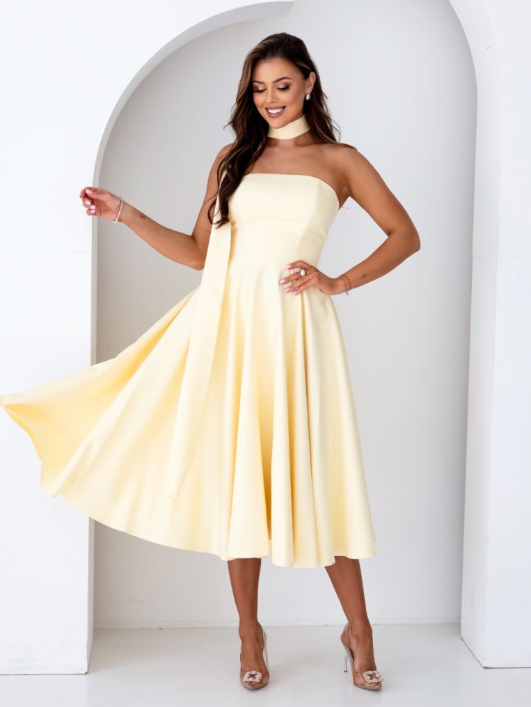 Asti żółta gorsetowa sukienka midi z szalem i wiązaniem na plecach