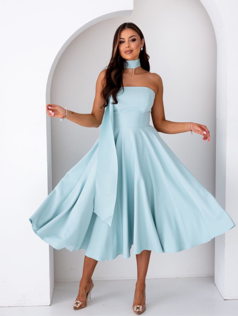 Asti miętowa gorsetowa sukienka midi z szalem i wiązaniem na plecach