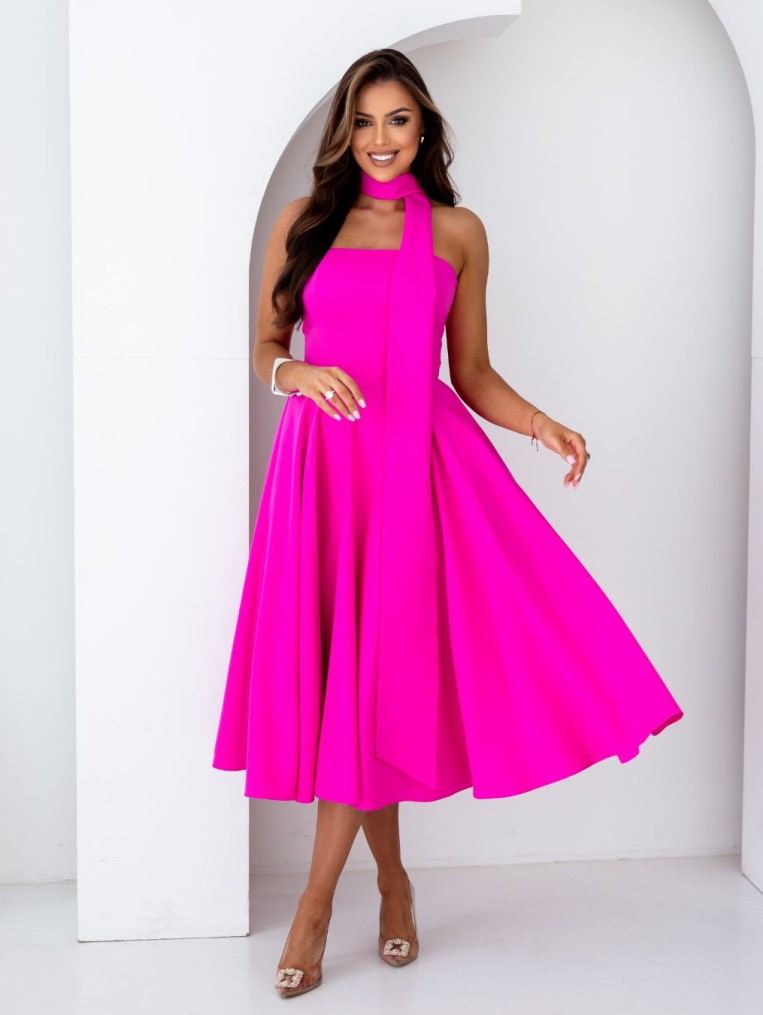 Asti fuksjowa gorsetowa sukienka midi z szalem