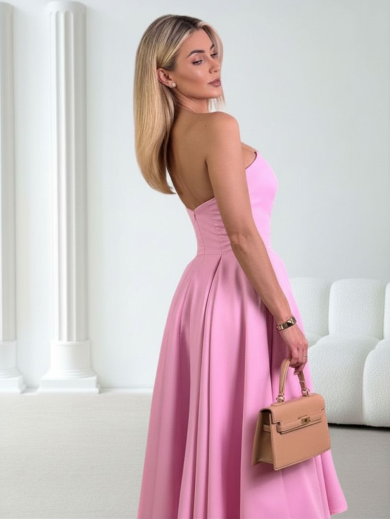 Beauty Gorsetowa Różowa Sukienka Midi Na Wesele