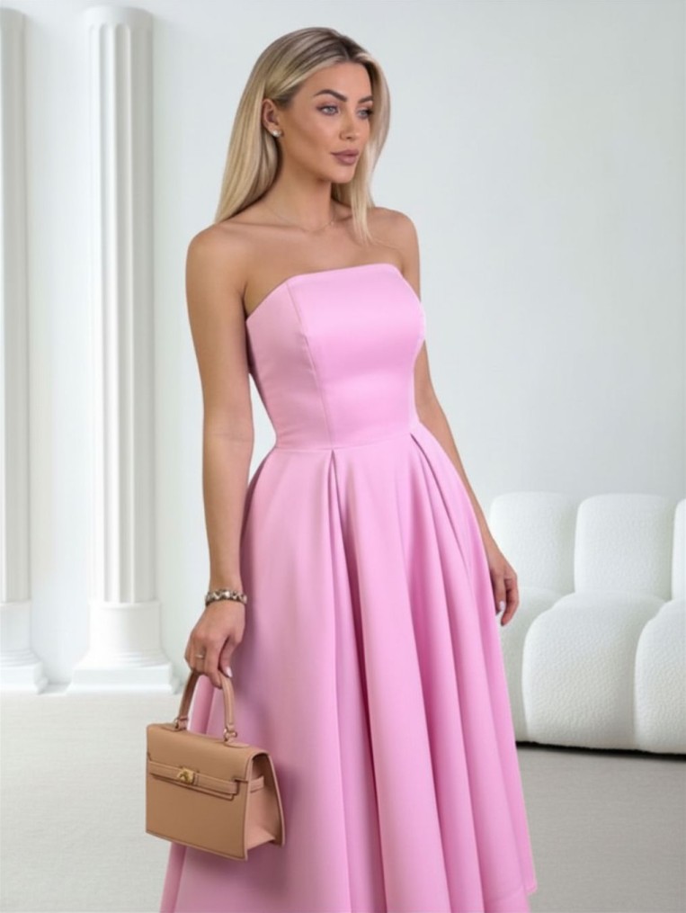 Beauty gorsetowa różowa sukienka midi na wesele