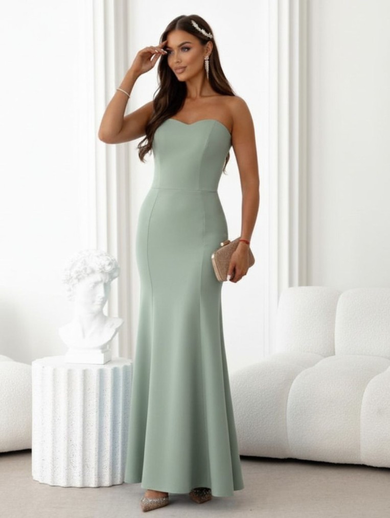 Chantel  pistacjowa maxi sukienka o kroju rybki