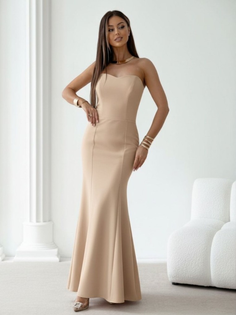  chantel beżowa maxi sukienka o kroju rybki