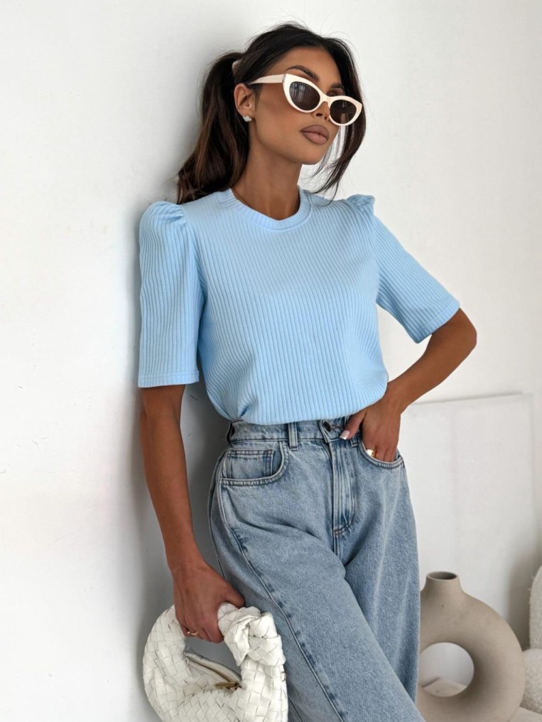 Amelie Bluzka Błękitna Prążkowana Z Bufkami Polski Producent