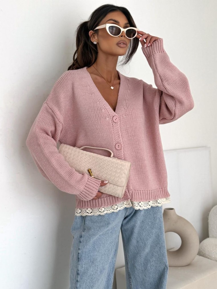 Bocca Różowy Rozpinany Sweterek Z Koronką