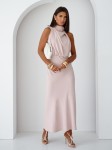 Moon długa elegancka pudrowa sukienka z zabudowanym dekoltem