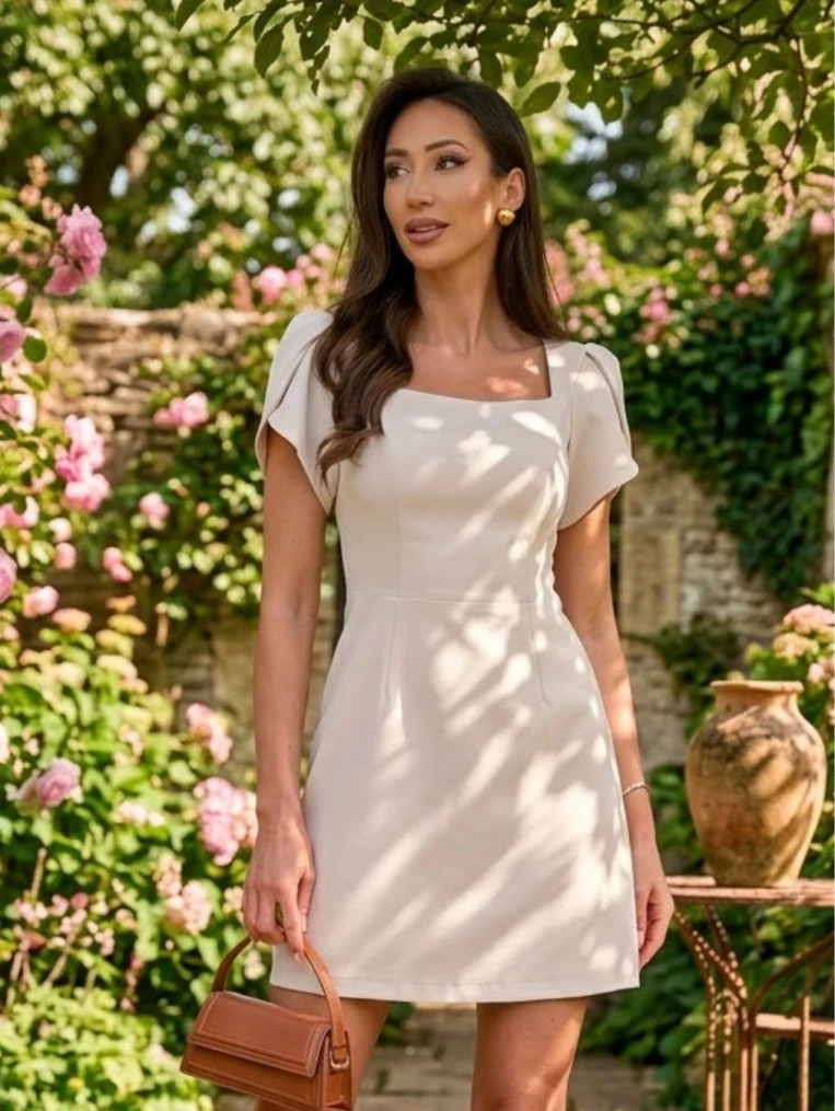 Lia krótka beżowa elegancka sukienka z kwadratowym dekoltem
