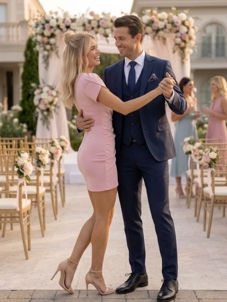  Kelly Elegancka Sukienka Mini Na Krótki Rękaw W Kolorze Pudrowym