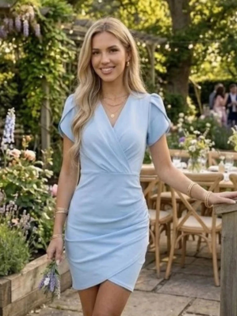 Kelly błękitna elegancka sukienka mini na krótki rękaw