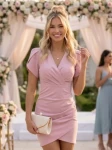  Kelly elegancka sukienka mini na krótki rękaw w kolorze pudrowym