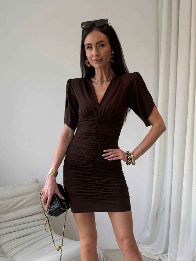 Vanila brązowa mini sukienka z krótkim rękawem