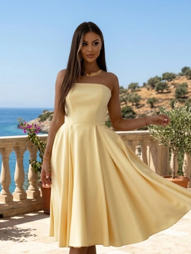 Beauty żółta Cytrynowa Gorsetowa Sukienka Midi Na Wesele