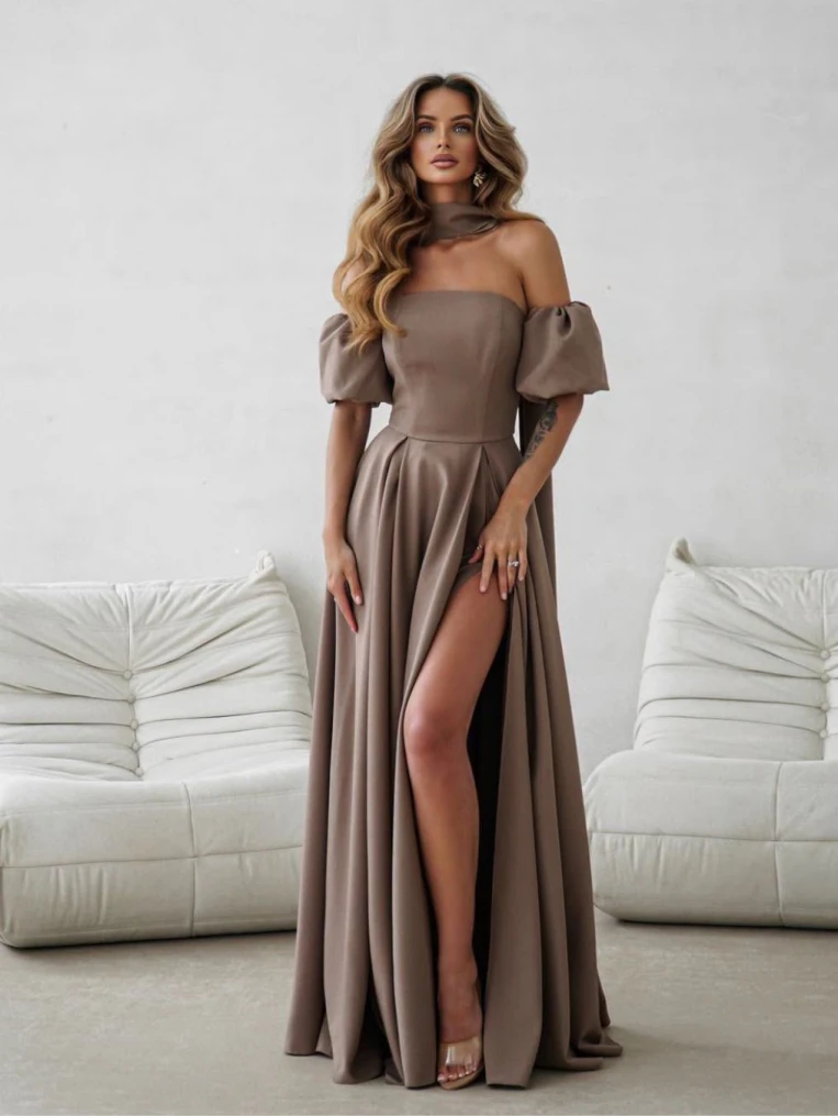 Kiara elegancka gorsetowa mokka sukienka maxi