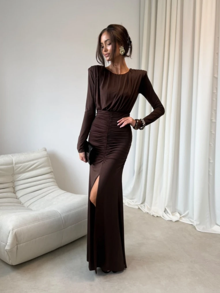 Siena brązowa elegancka maxi sukienka