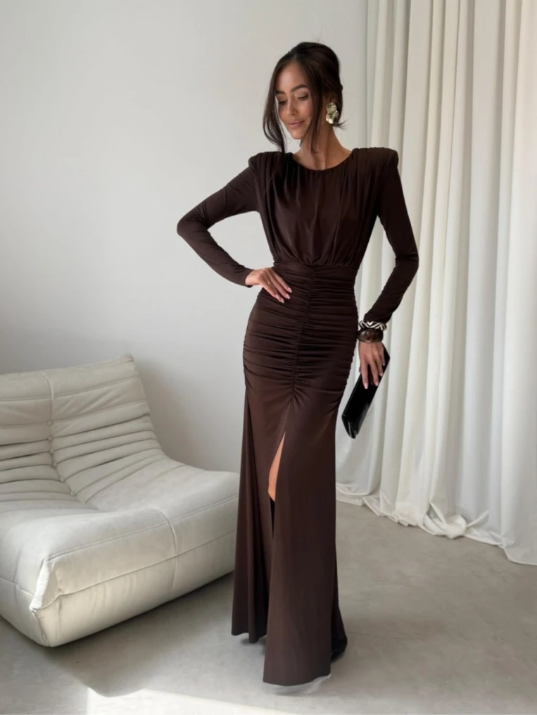 Siena Brązowa Elegancka Maxi Sukienka