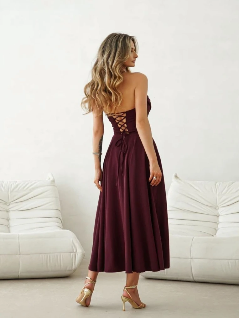 Cleo Burgundowa Elegancka Midi Sukienka 