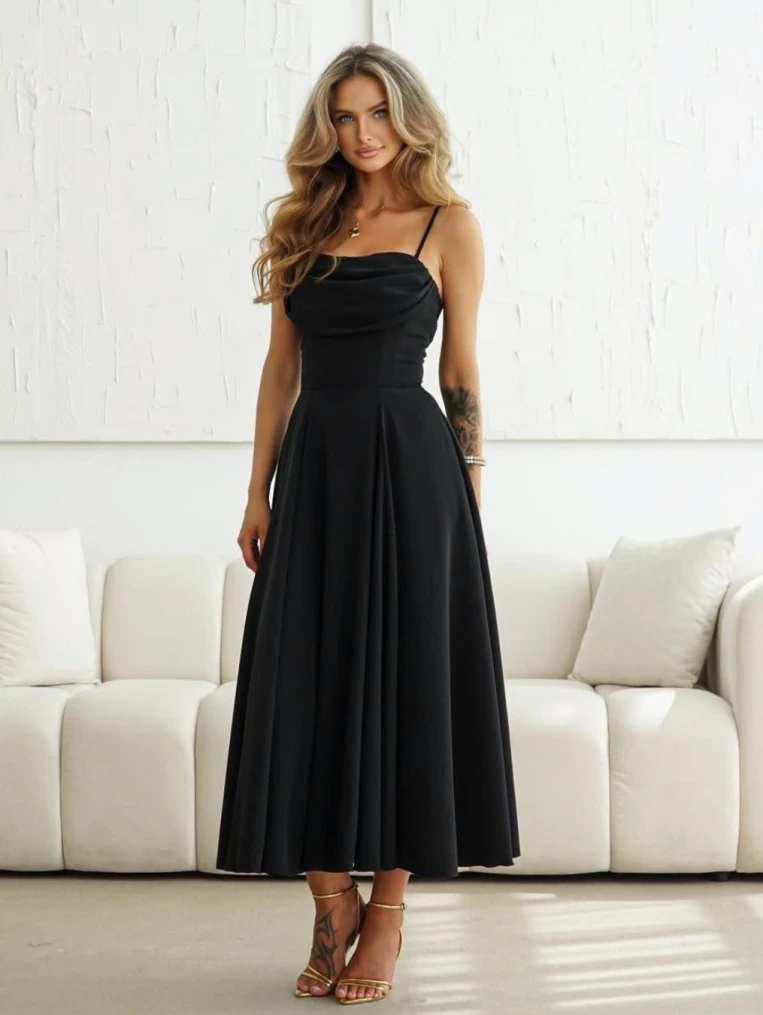 Cleo czarna elegancka sukienka midi polska produkcja