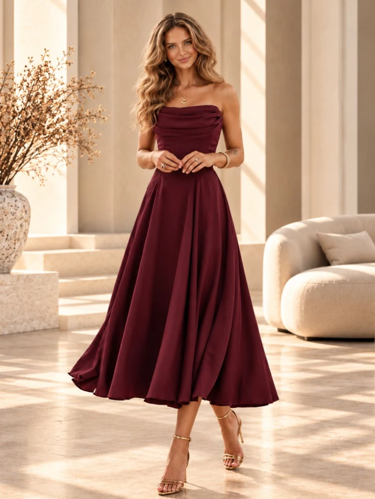 Cleo burgundowa elegancka midi sukienka 